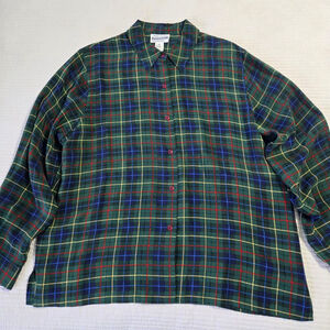 Women's Pendleton Tartan Plaid Button Front Top Silk Green Size 18 Long Sleeve